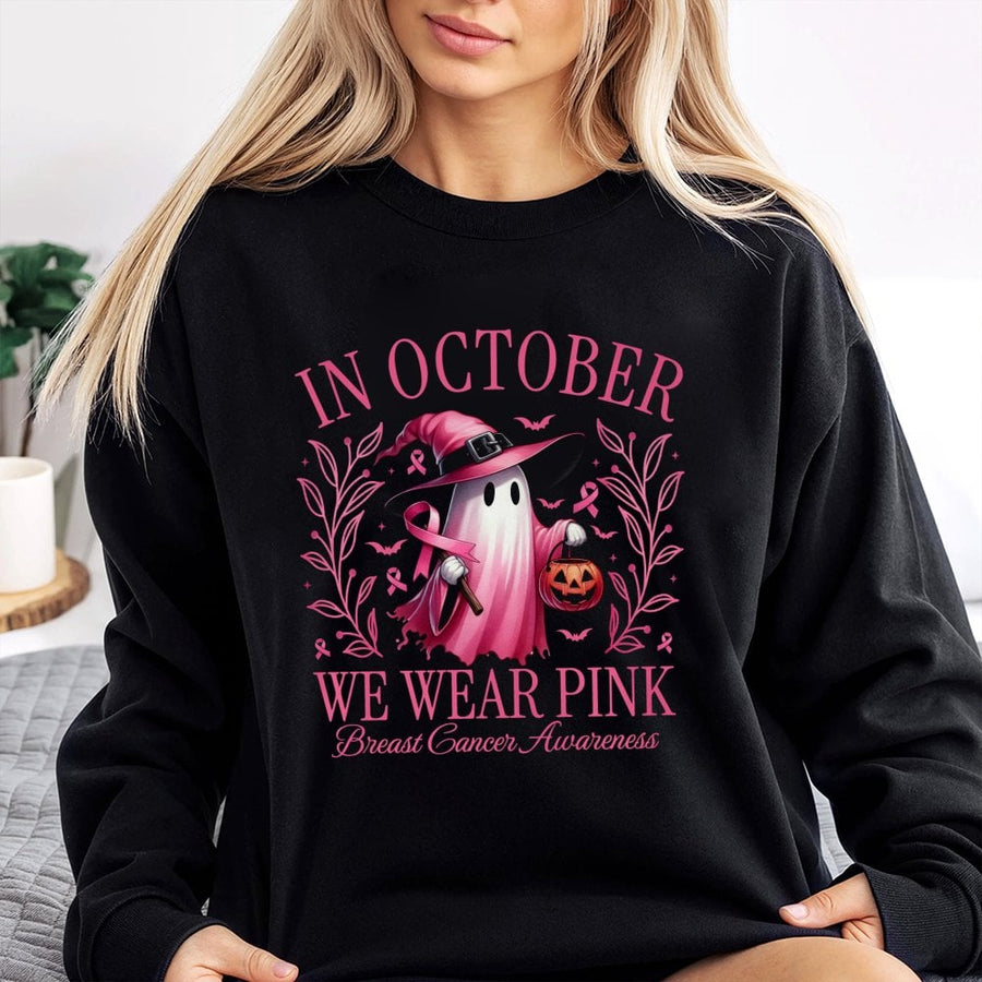 In October We Wear Pink Sweatshirt | Breast Cancer Awareness Ghost Design | Premium Cotton Blend | Halloween Charity Gift For Her