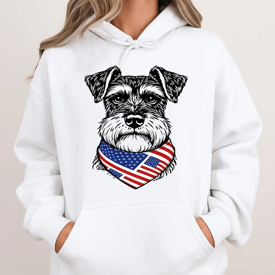 Patriotic Schnauzer Hoodie | Dog with USA Flag Bandana Graphic | Soft Cotton Unisex Tee | 4th of July Gift for Dog Mom Dad