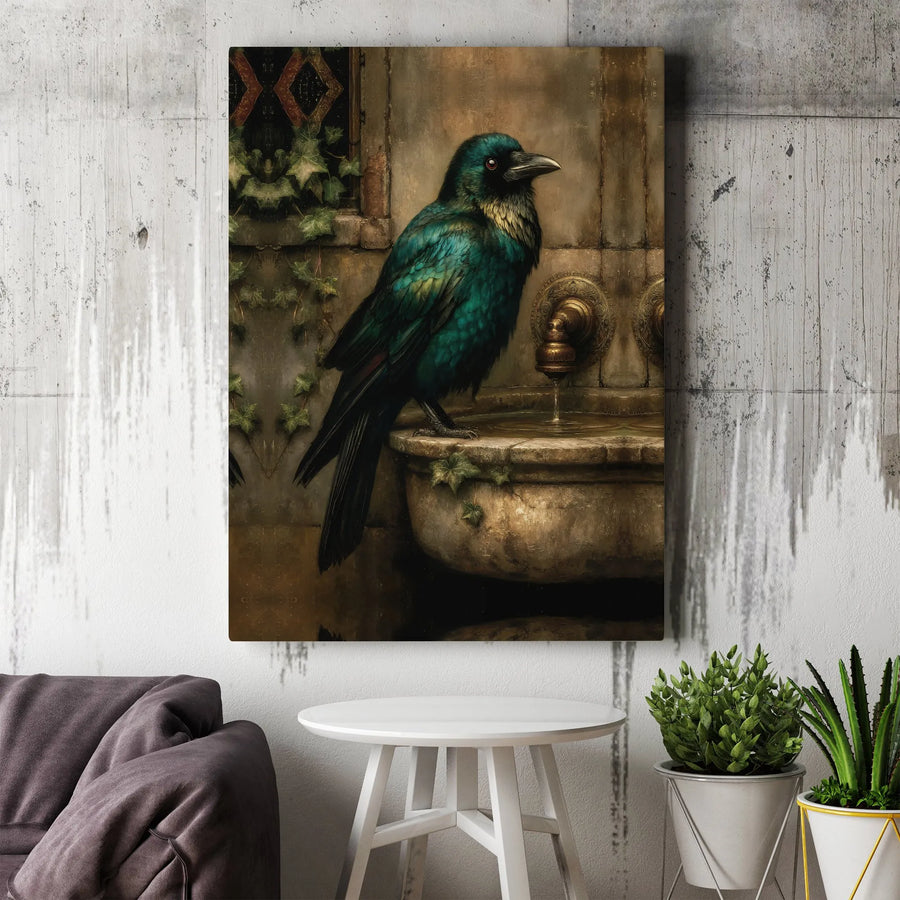Gothic Raven Canvas Wall Art | Iridescent Bird At Stone Fountain | Gallery Quality Fade-Resistant Print | Dark Academia Home Decor Gift