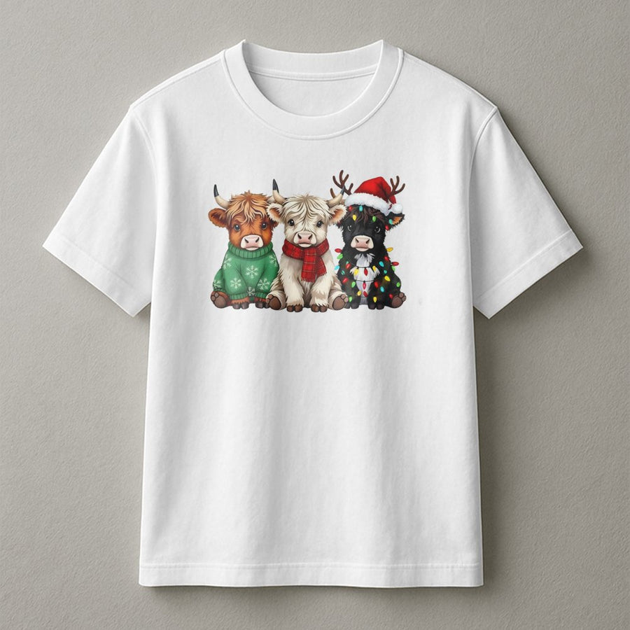 Highland Cow Christmas T-Shirt | Cute Festive Farm Animals in Sweaters | Premium Soft Cotton | Holiday Gift for Cow Lovers
