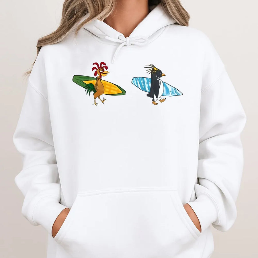 Surfing Penguin and Chicken Graphic Hoodie | Fun Cartoon Bird Surf Design | Premium Soft Cotton Blend | Unique Gift for Surfers and Cartoon Lovers