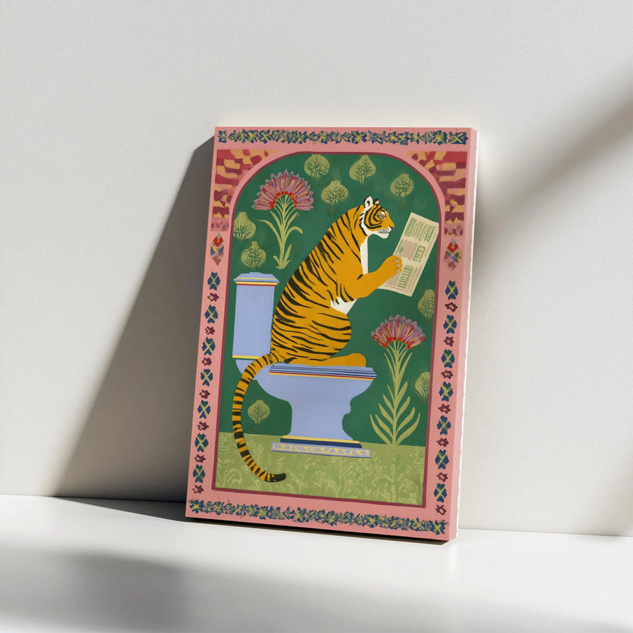 Tiger on Toilet Vertical Canvas | Funny Bathroom Decor Art with Reading Tiger | Premium Thick Profile Wall Print | Unique Housewarming Gift
