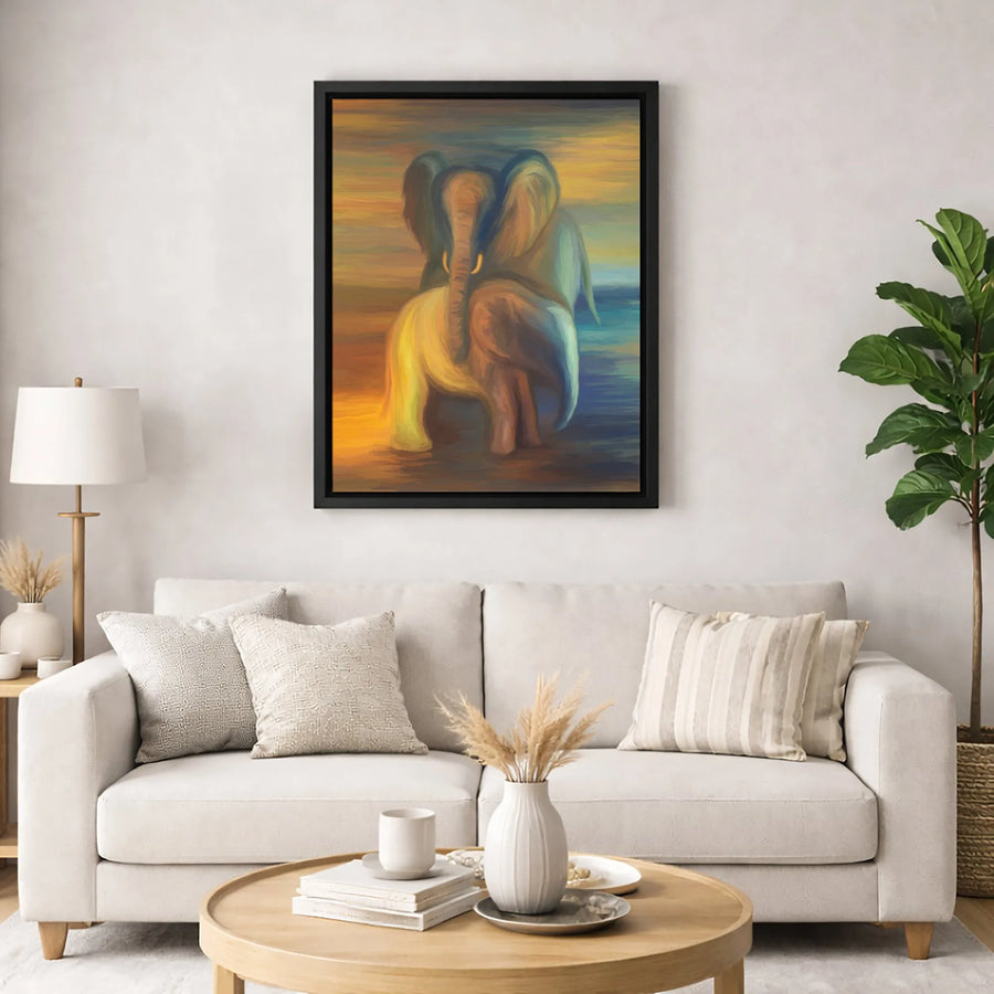 Elephant Canvas Wall Art | Abstract Impressionist Two Elephants Print | Premium Gallery-Wrapped Decor | Animal Lover Gift for Home Office