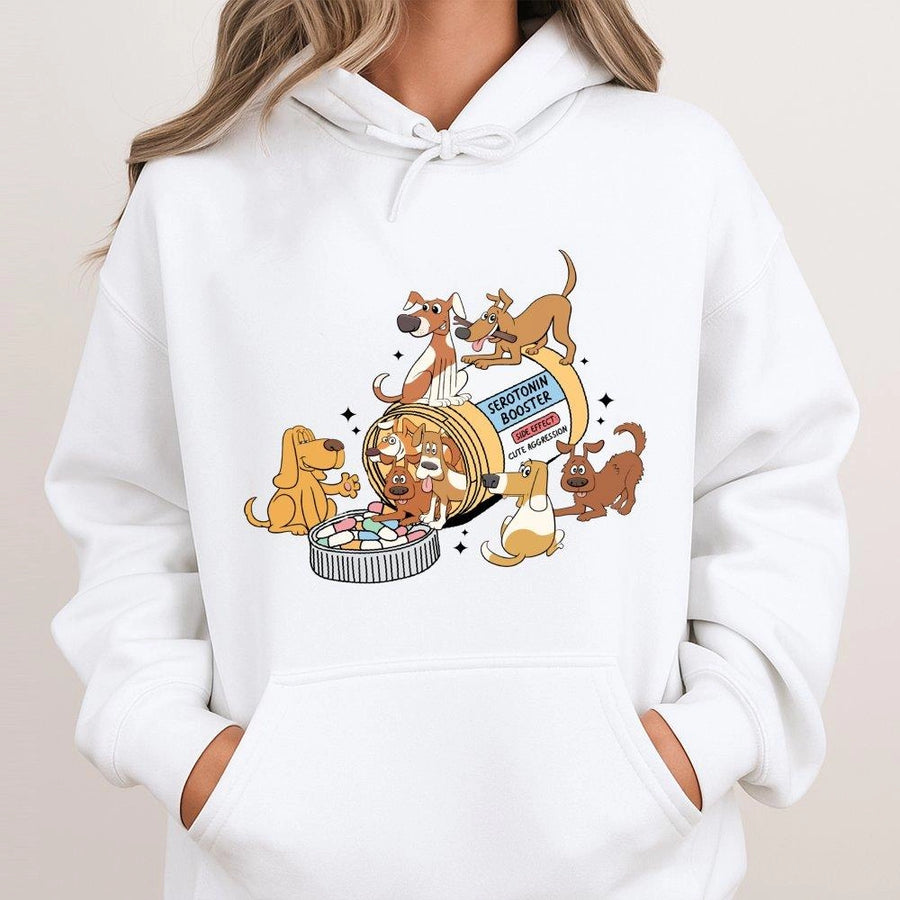 Serotonin Booster Hoodie | Cute Aggression Cartoon Dogs Graphic | Premium Cotton Blend | Funny Mental Health Gift for Dog Lovers