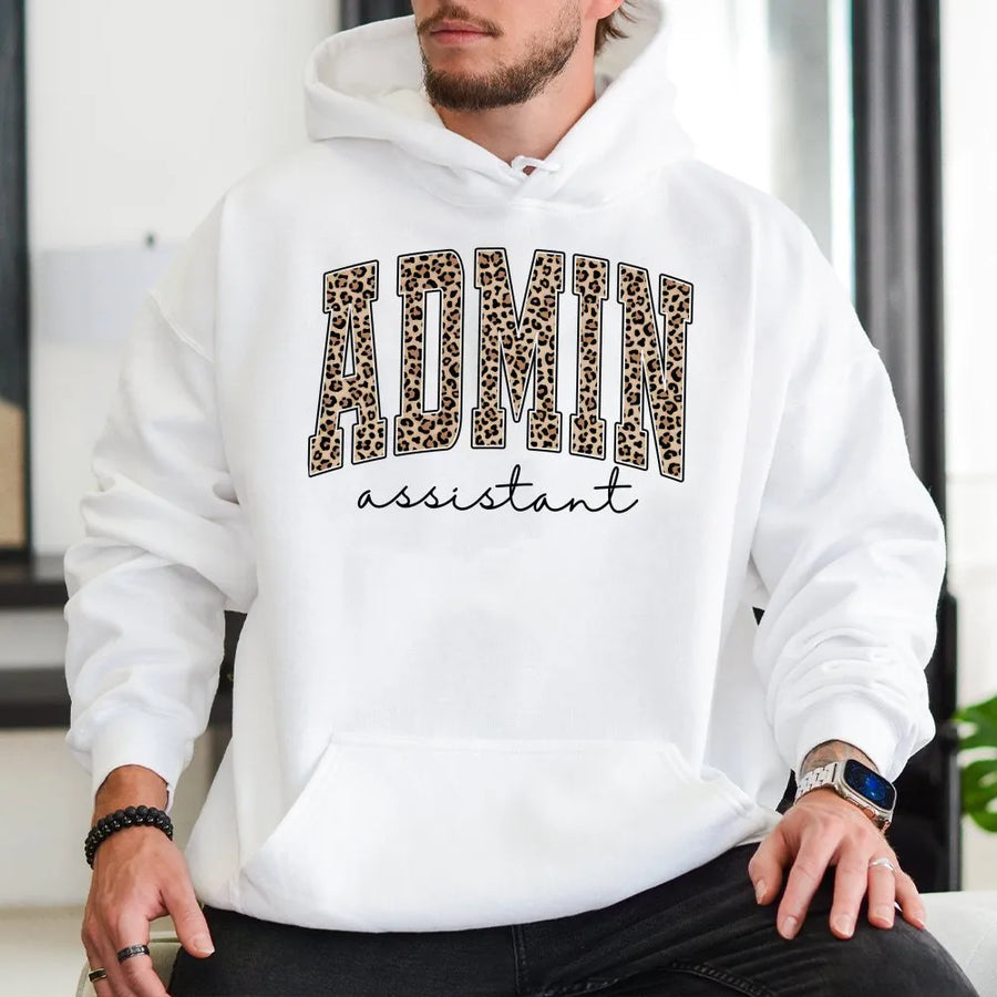 Administrative Assistant Hoodie | Leopard Print Varsity Design | Soft Cozy Pullover | Gift for Administrative Professionals Day