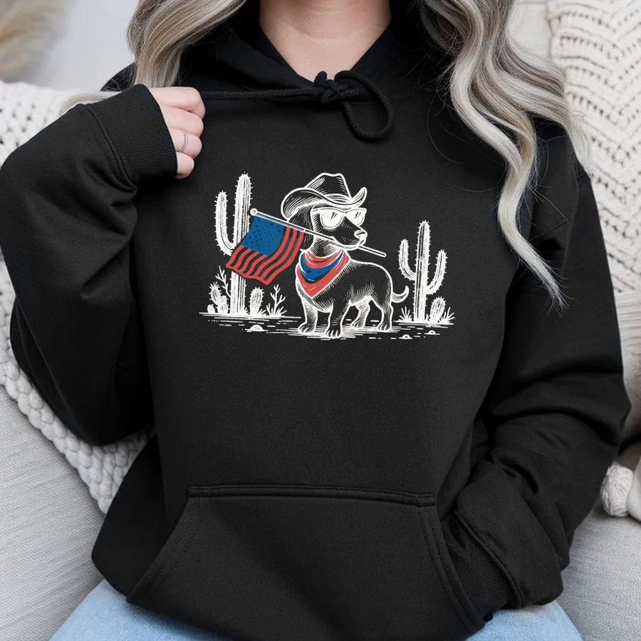 Patriotic Cowboy Dachshund Hoodie | Funny USA Flag Wiener Dog Graphic | Soft Cotton Unisex Tee | Gift for Dog Lovers on July 4th