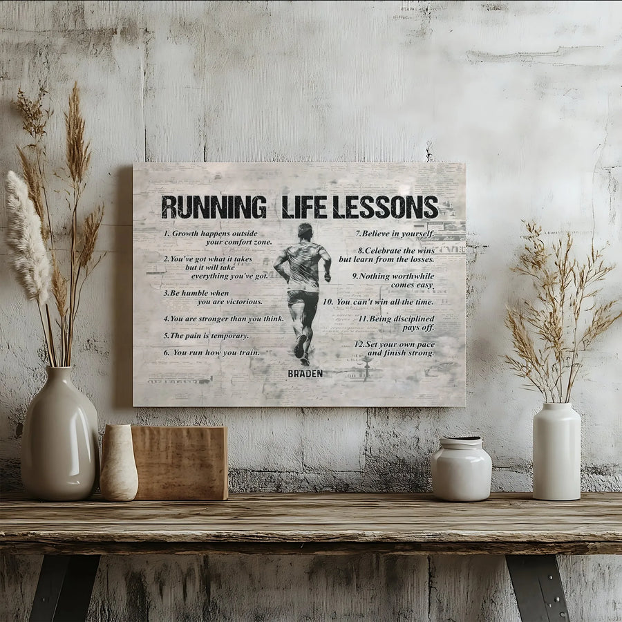 Runner Life Lessons Horizontal Canvas | 12 Motivational Quotes & Athlete Silhouette | Premium 1.25” Gallery Wrap | Inspirational Gift for Marathon Runners and Coaches