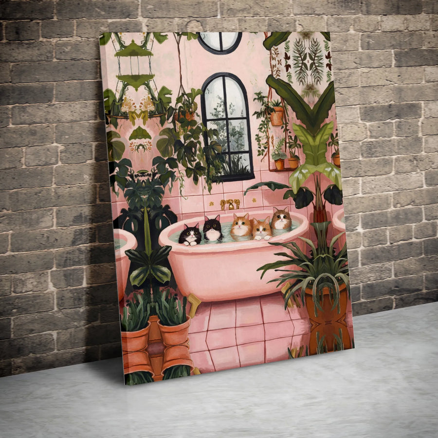 Cats in Bathtub Wall Art | Whimsical Bathroom Decor with Houseplants | Premium Fade-Resistant Canvas | Cute Cat Lover Gift Idea
