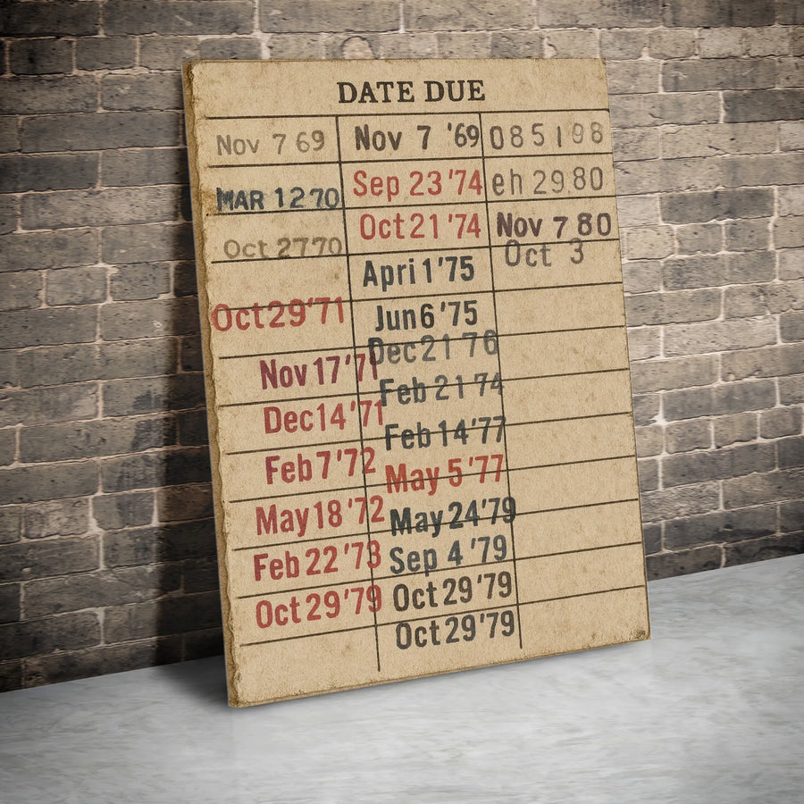 Date Due Library Card Canvas Wall Art | Vintage Book Lover Decor | Gallery Quality Premium Print | Academic Office Or Home Library Gift
