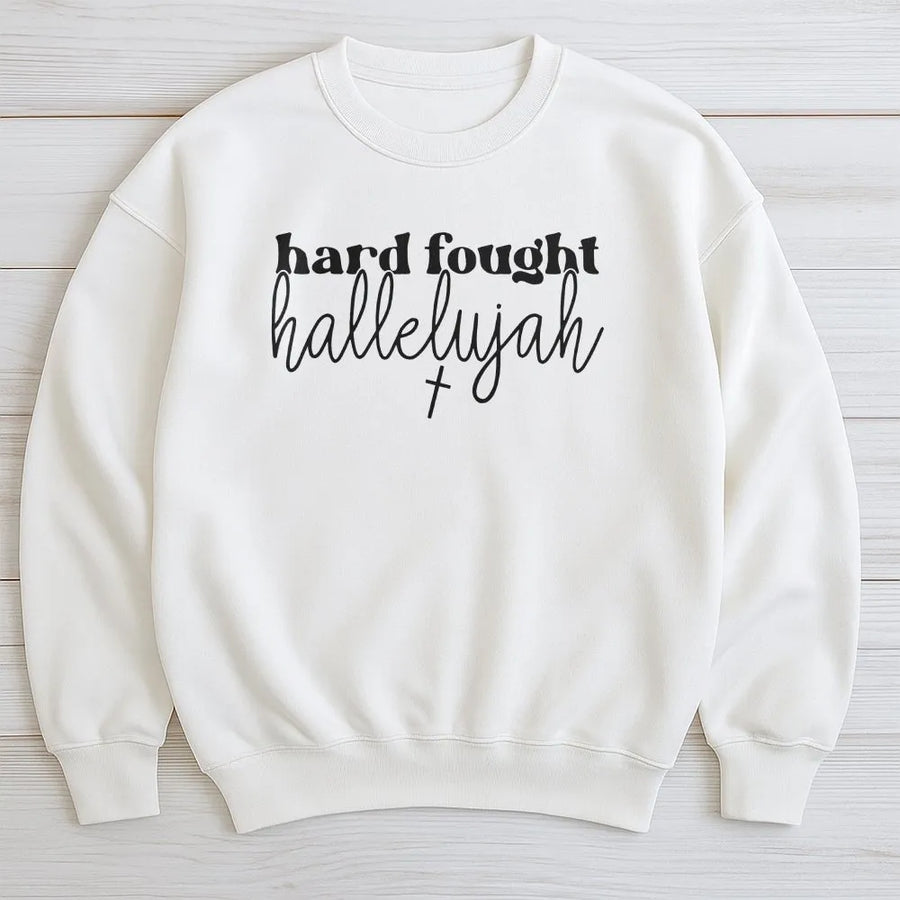 Christian Faith Sweatshirt | Hard Fought Hallelujah Vintage Graphic | Soft Breathable Cotton | Inspirational Religious Gift for Women