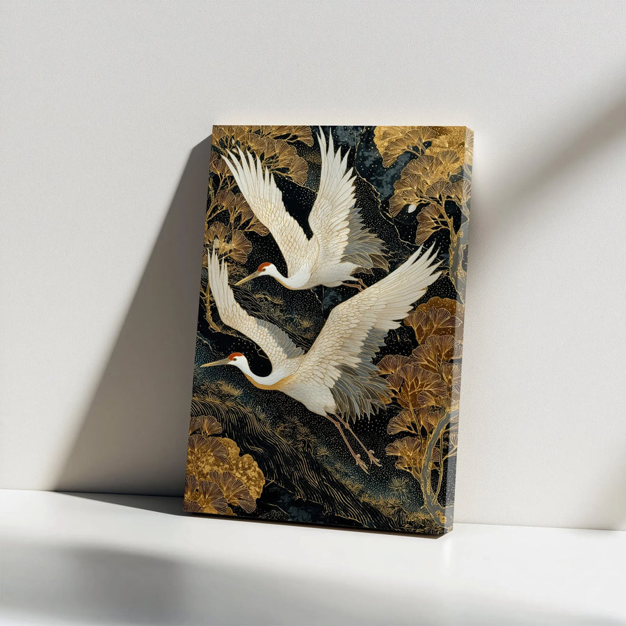 Japanese Crane Vertical Canvas | Gold Ginkgo and Bird Art Print | Premium Gallery Wrapped Canvas | Modern Zen Living Room Wall Decor Gift