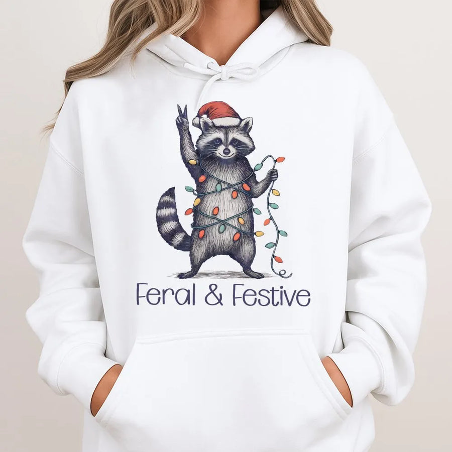 Feral and Festive Raccoon Hoodie | Funny Christmas Animal Graphic | Premium Cotton Blend Unisex Sweatshirt | Cute Holiday Gift for Raccoon Lovers
