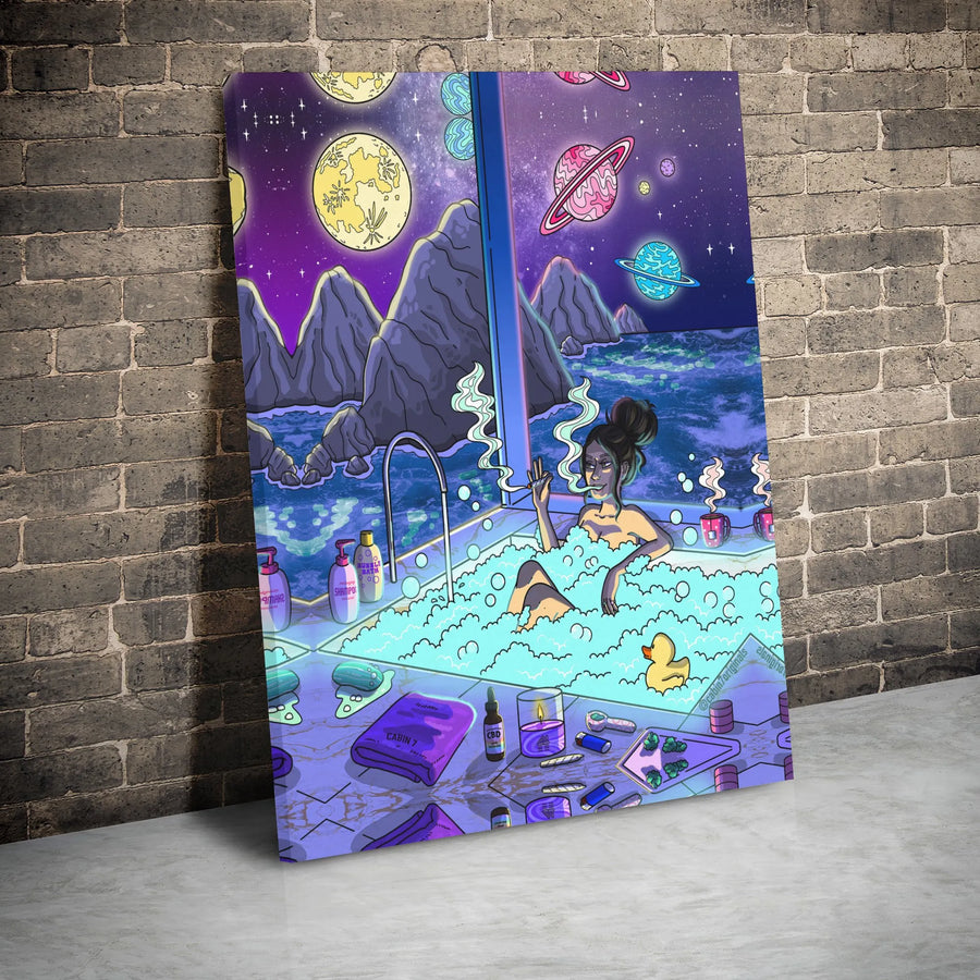 Psychedelic Space Bath Canvas Art | Surreal Cosmic Galaxy Bedroom Decor | Premium 1.25" Gallery Wrap | Trippy Aesthetic Gift for Stoner Room