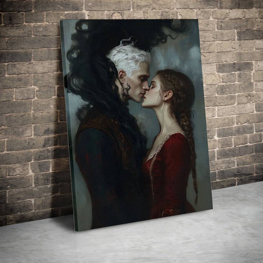 Dark Fantasy Romance Canvas Print | Gothic Couple Kissing Wall Art | Premium Gallery-Wrapped Portrait | Moody Bedroom Decor Gift for Her
