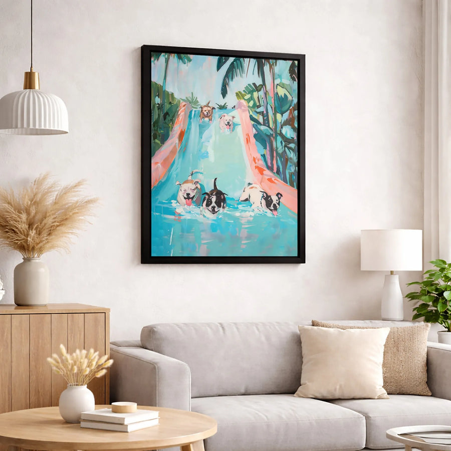 Pit Bull Dog Wall Art | Tropical Waterslide Painting | Premium Gallery Wrapped Canvas | Fun Pet Lover Gift & Home Decor