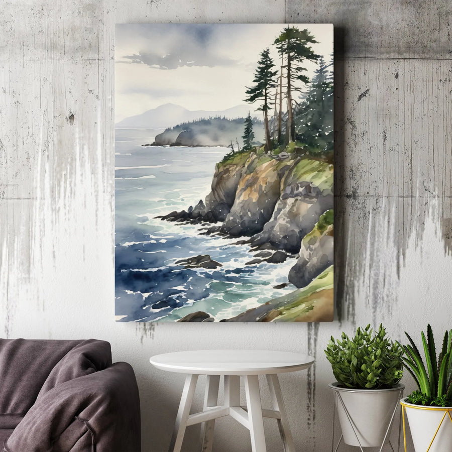 Coastal Cliff Vertical Canvas | Watercolor Seascape Painting Print | Premium Gallery Wrapped Canvas | Modern Coastal Home Decor Gift