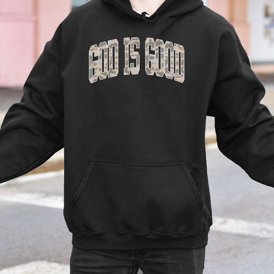 God Is Good Hoodie | Camo Arch Graphic Design | Premium Cotton Blend | Christian Faith Apparel Gift for Women and Men