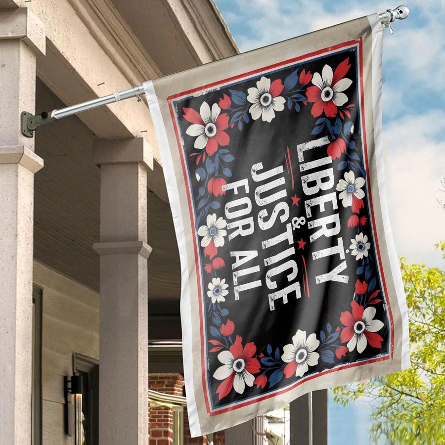Liberty & Justice For All House Flag | Patriotic Floral Garden Decor | Weather-Resistant Polyester | Durable Outdoor Yard Banner Gift