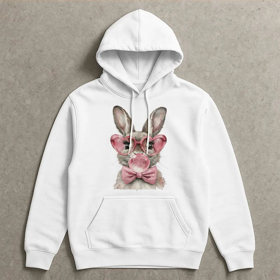 Easter Bunny Hoodie | Cute Rabbit with Heart Glasses and Bow Graphic | Premium Cotton Blend | Funny Spring Holiday Gift for Women and Girls