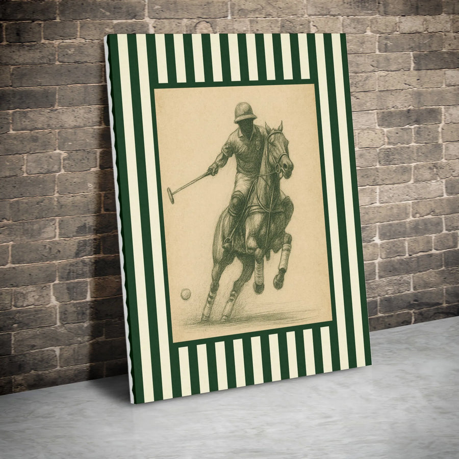 Polo Player Sketch Wall Art | Vintage Equestrian Striped Border Print | Premium 1.25" Thick Gallery Canvas | Sophisticated Home Decor Gift