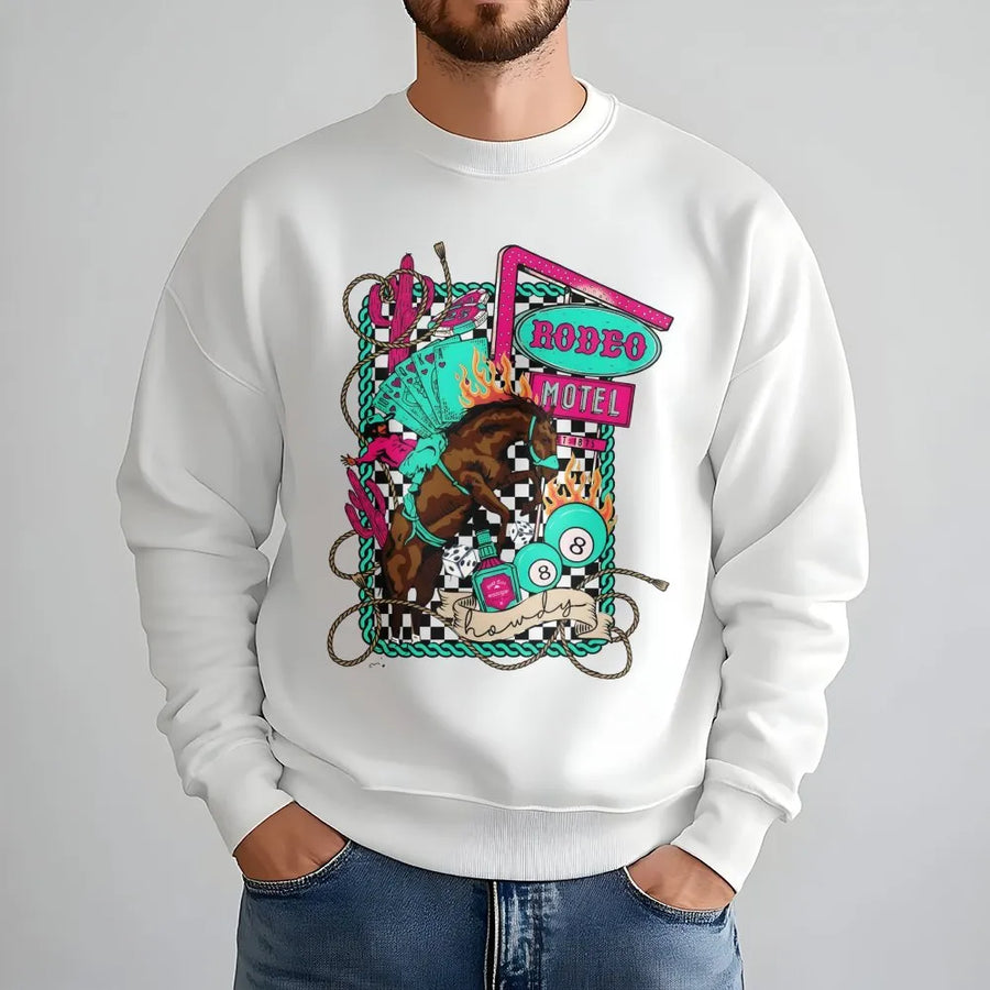 Rodeo Motel Western Sweatshirt | Neon Retro Wild West Graphic | Premium Cotton Blend Crewneck | Trendy Country Aesthetic Gift For Her