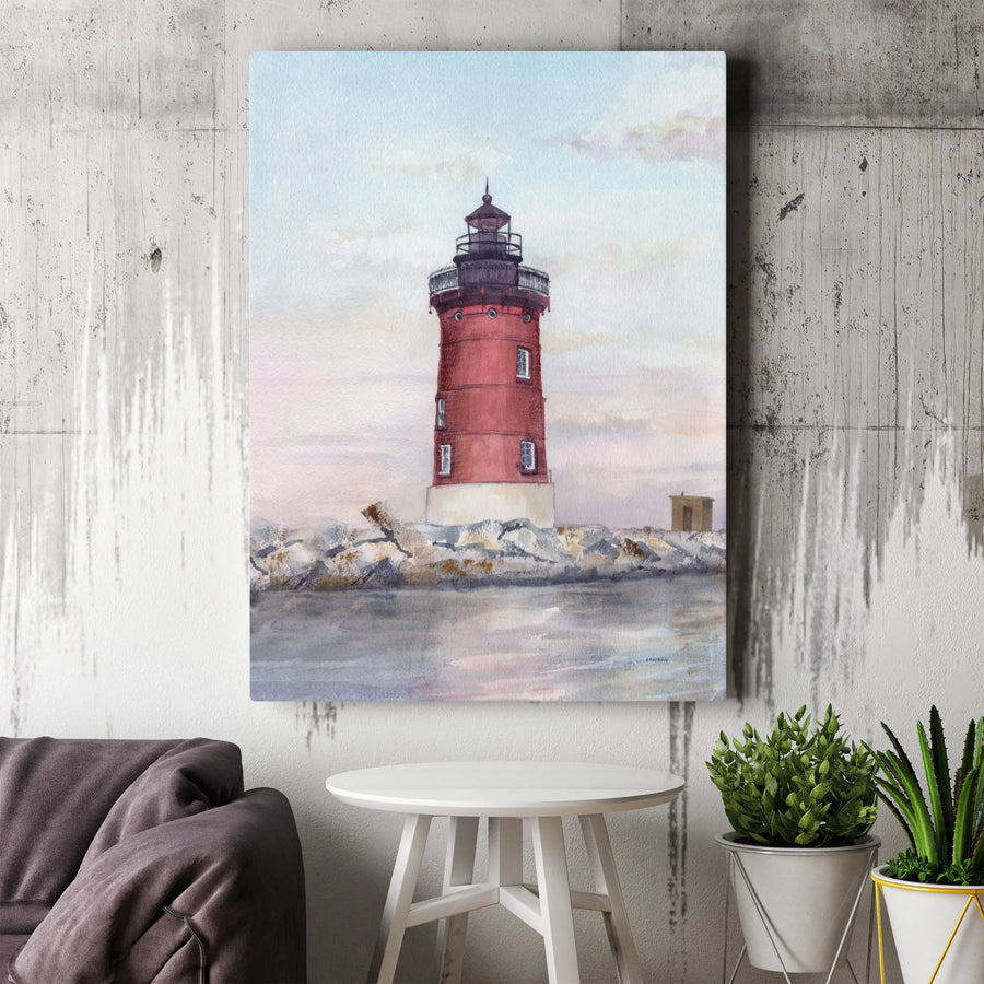 Watercolor Lighthouse Canvas Wall Art | Red Lighthouse Coastal Painting | Premium Gallery-Wrapped Canvas | Beach House & Nautical Home Decor Gift
