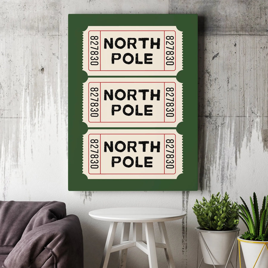 North Pole Admission Tickets Canvas Art | Vintage Christmas Train Theme | Premium Gallery Wrap Canvas | Holiday Decor Gift for Christmas Lovers