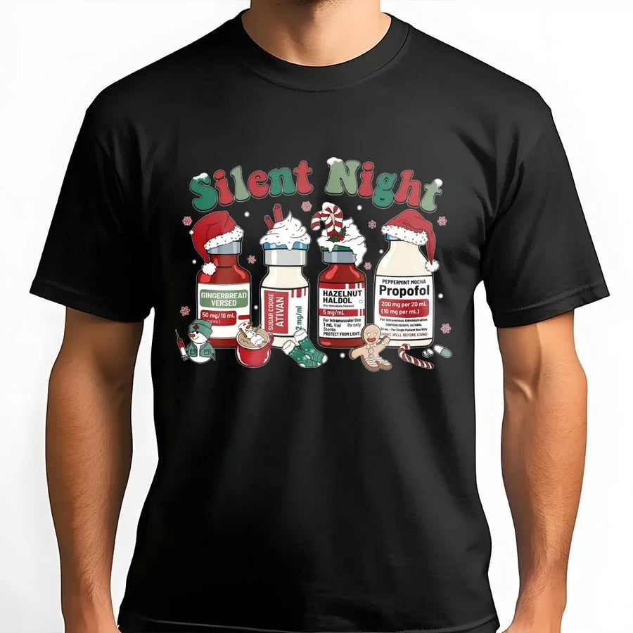 Silent Night Christmas T-Shirt | Funny Medical Scrub Design | Premium Soft Cotton | Nurse Gift for ICU RNs and Healthcare Workers