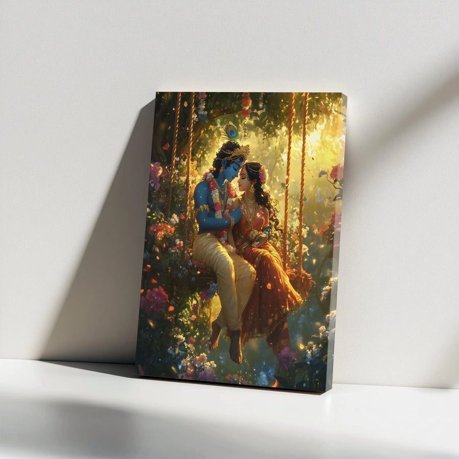 Radha Krishna Canvas Art | Divine Eternal Love Swing Painting | Premium Gallery Wrap Wall Decor | Spiritual Home Decor Gift