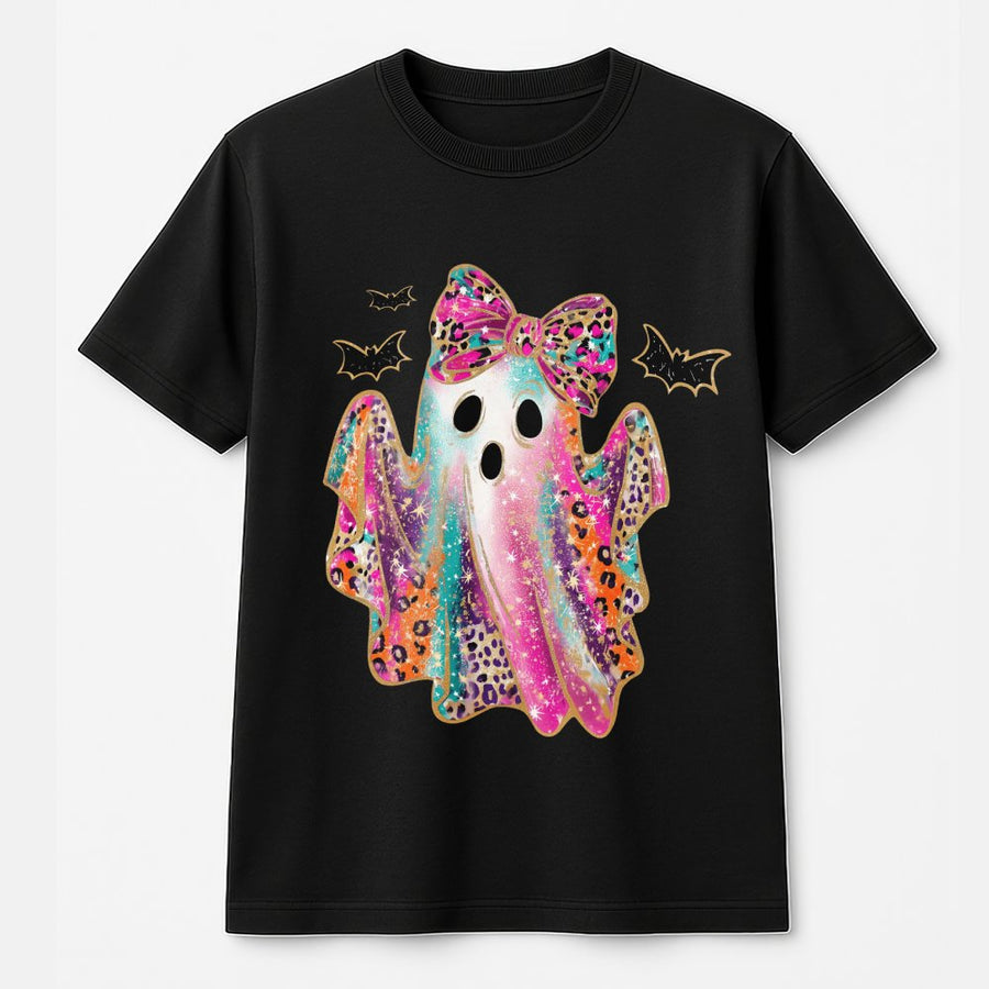 Colorful Leopard Ghost T-Shirt | Cute Halloween Bow Graphic Tee | Premium 100% Cotton Apparel | Spooky Season Gift For Her