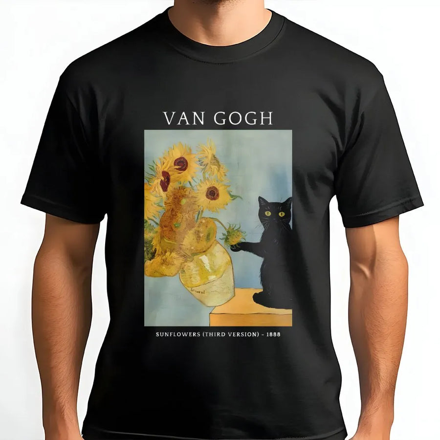 Van Gogh Cat T-Shirt | Sunflower Painting Art Graphic Tee | 100% Cotton Premium Quality | Funny Black Cat Gift for Art Lovers