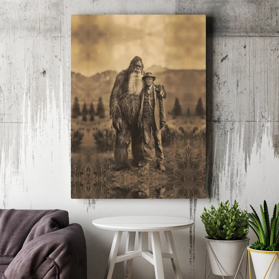 Bigfoot Portrait Canvas Wall Art | Vintage Sepia Man and Sasquatch Photo | 1.25-Inch Thick Premium Gallery Wrap | Unique Cryptid Home Office Decor Gift