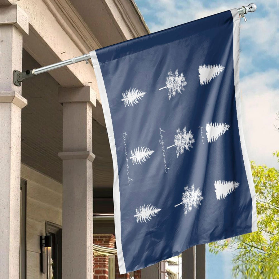 Botanical Tree House Flag | Minimalist Fir Dogwood Tamarack Forest Print | Weather-Resistant Polyester | Outdoor Yard Decor Gift