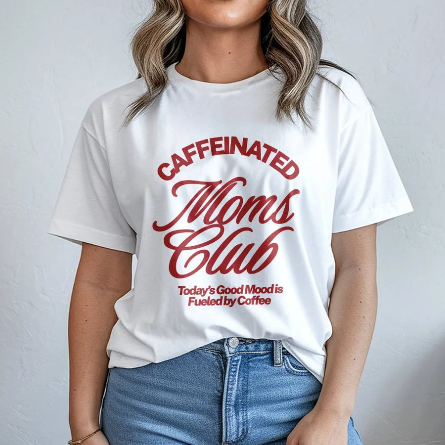 Caffeinated Moms Club T-Shirt | Retro Graphic Tee with Vintage Script | Soft Cotton Top | Funny Gift for New Mom, Coffee Lover Mama