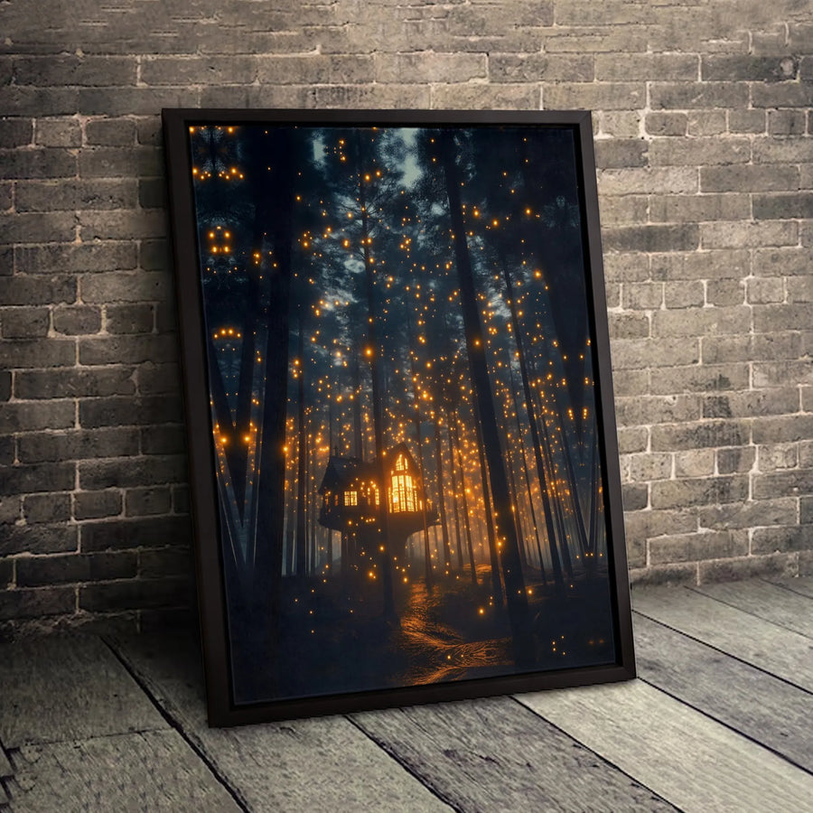 Enchanted Forest Treehouse Canvas | Magical Firefly Woodland Art | Premium 1.25-Inch Gallery Wrap | Whimsical Nature Decor Gift