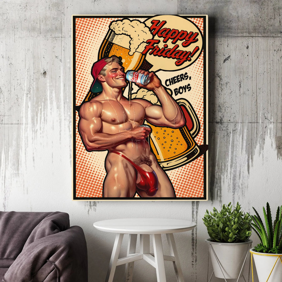 Gay Bar Decor Canvas | Happy Friday Beer Pop Art Print | Premium Masculine Wall Art | Gift for Him or Man Cave