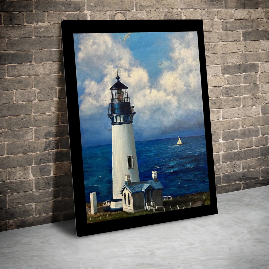Coastal Lighthouse Wall Art | Nautical Oil Painting Style Print | 1.25 Inch Gallery Wrap Canvas | Premium Beach House Decor Gift