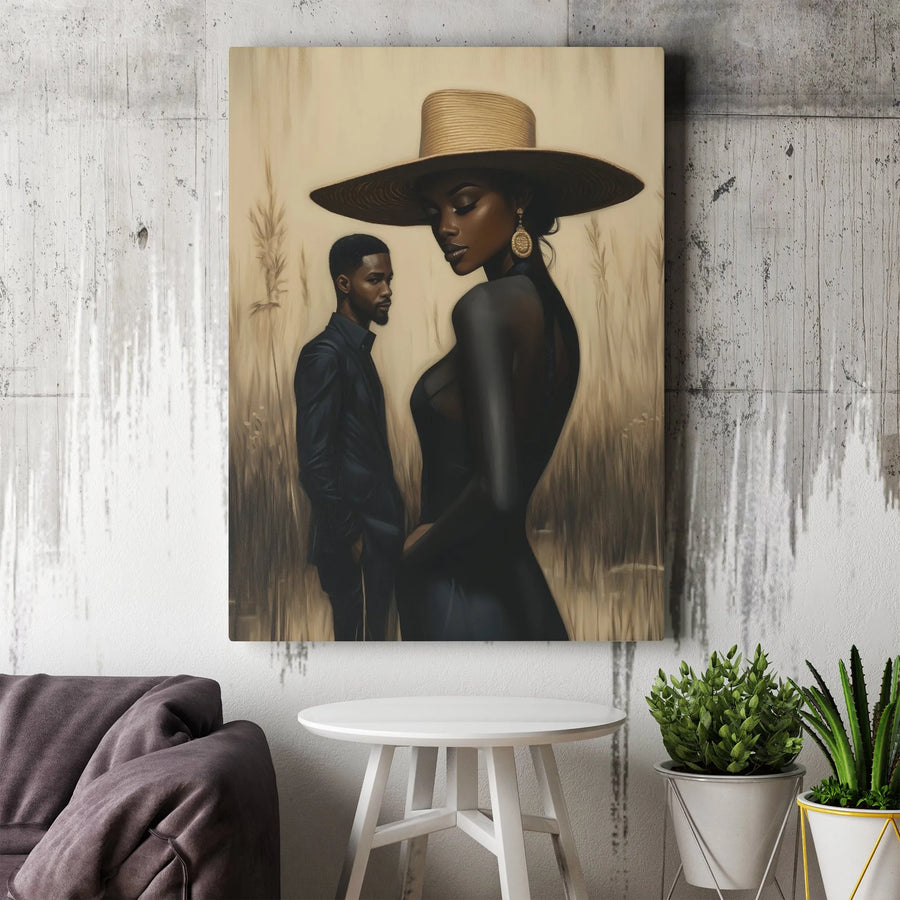 Black Couple Wall Art | Elegant Man and Woman in Straw Hat | Premium Gallery Wrap Canvas | Sophisticated Modern Home Decor Gift