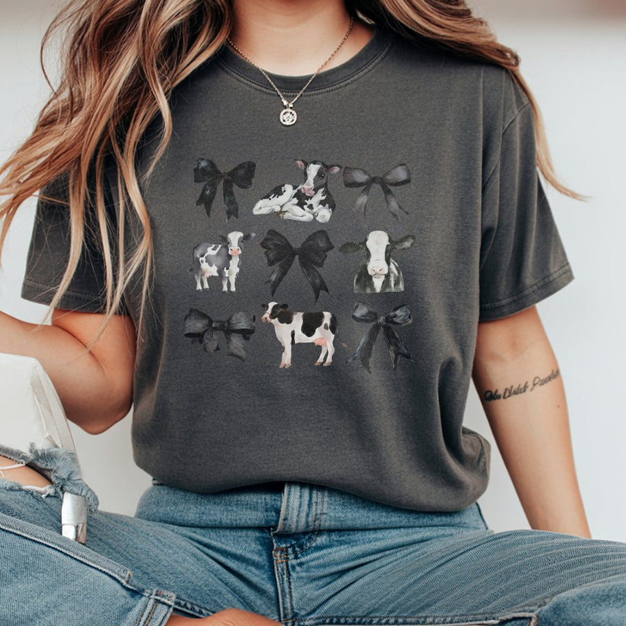 Coquette Cow Graphic T-Shirt | Farm Aesthetic Bows Design | Premium 100% Cotton | Cute Animal Lover Gift for Women