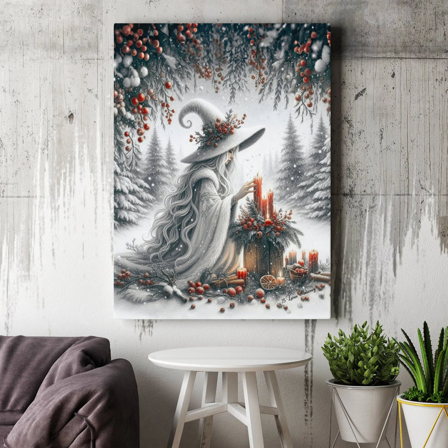 Winter Witch Wall Art | Snowy Forest Yule Candle Canvas Print | Premium Gallery Wrapped Decor | Pagan Holiday Gift for Witchy Aesthetic Lovers