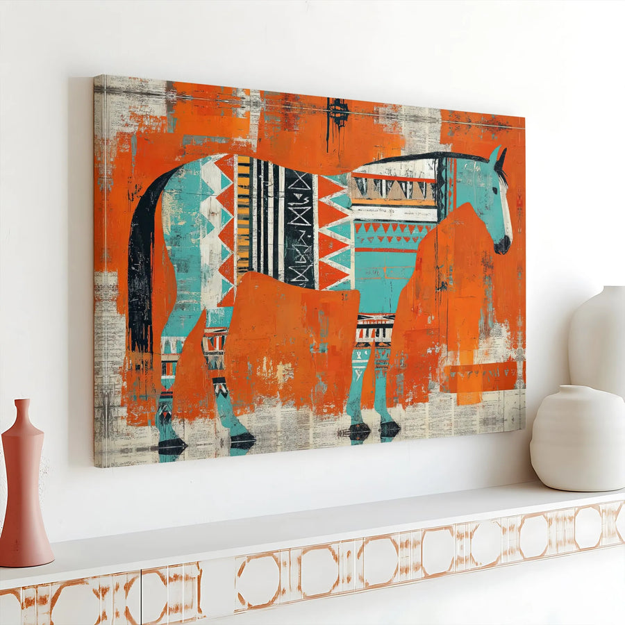 Abstract Horse Wall Art | Southwestern Tribal Pattern Print | Premium Gallery Wrapped Canvas | Western Boho Home Decor Gift