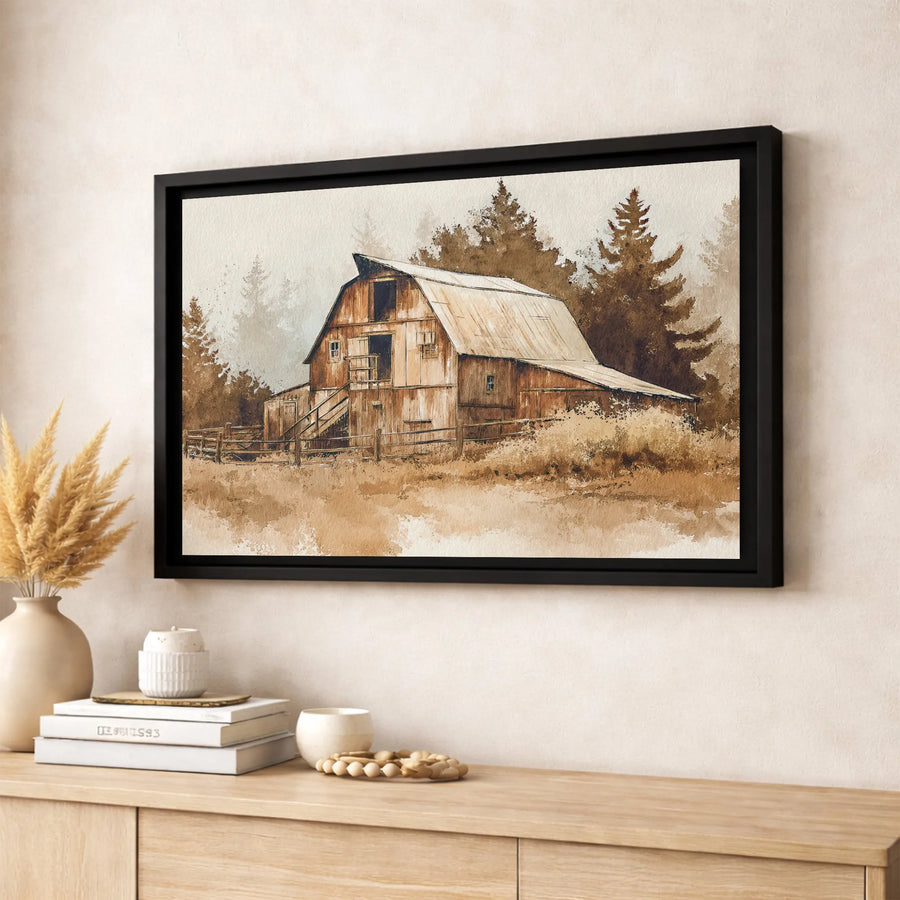 Rustic Farmhouse Barn Canvas Wall Art | Watercolor Pine Tree Landscape | Premium Gallery Wrapped Print | Country Home Decor Gift