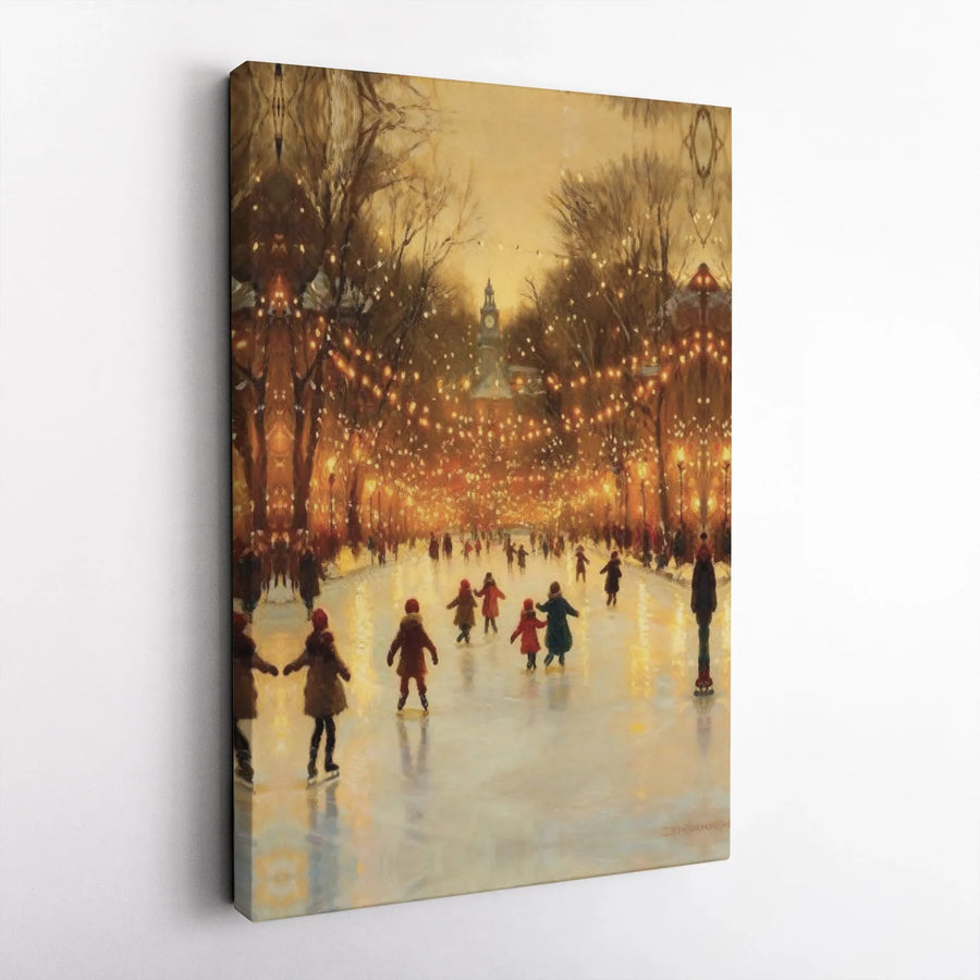 Winter Ice Skating Canvas Art | Whimsical Night Park With Fairy Lights | Premium Gallery Wrap Wall Decor | Festive Holiday Home Living Room Gift