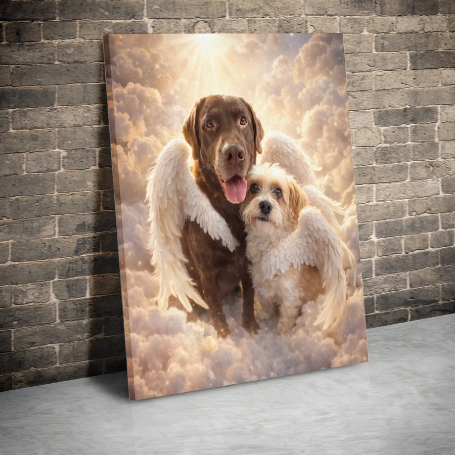 Dog Memorial Canvas Print | Angel Wing Dogs Hugging in Heaven | Premium Fade-Resistant Print | Sympathy Gift for Dog Loss