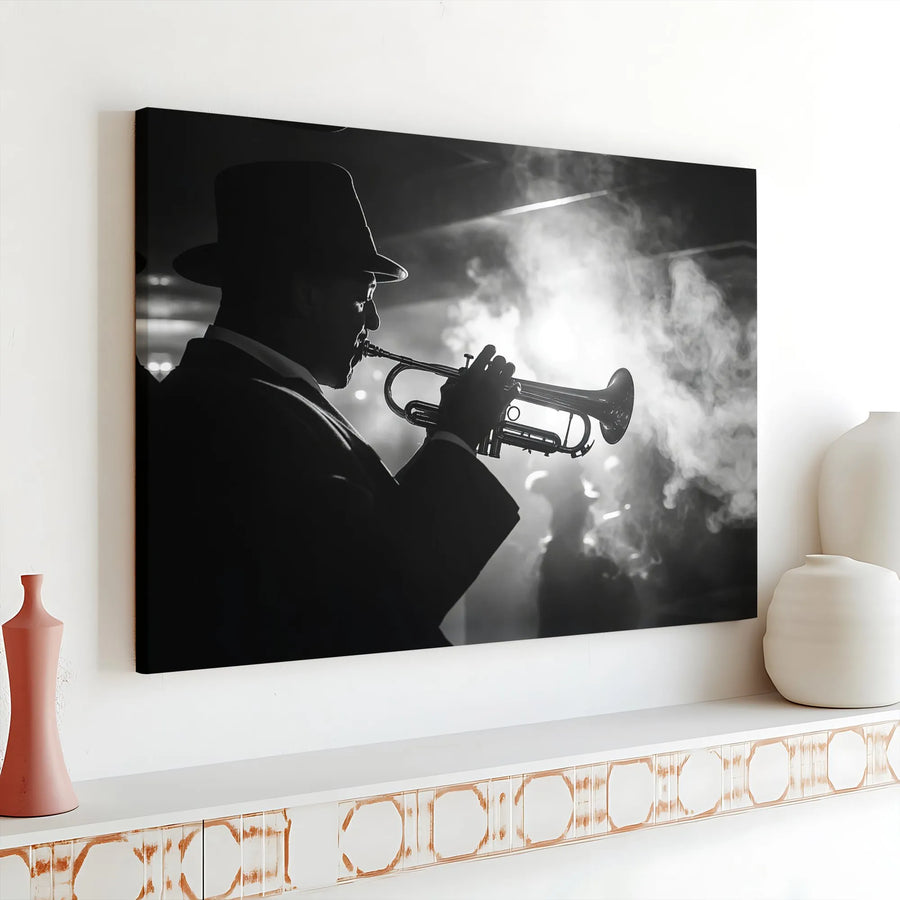 Jazz Musician Trumpet Canvas Wall Art | Black and White Silhouette Print | Premium Gallery Wrap Decor | Gift for Music Lovers and Office