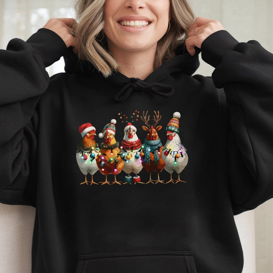Christmas Chicken Hoodie | Funny Farm Animal Holiday Lights Graphic | Soft Cotton-Poly Blend | Cozy Winter Gift for Chicken Lovers