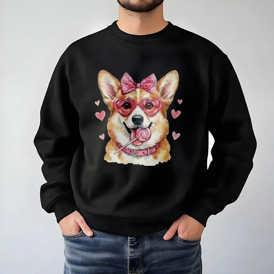 Corgi Valentine Sweatshirt | Cute Dog With Heart Glasses & Lollipop | Premium Cotton Blend | Gift For Dog Mom & Corgi Lovers