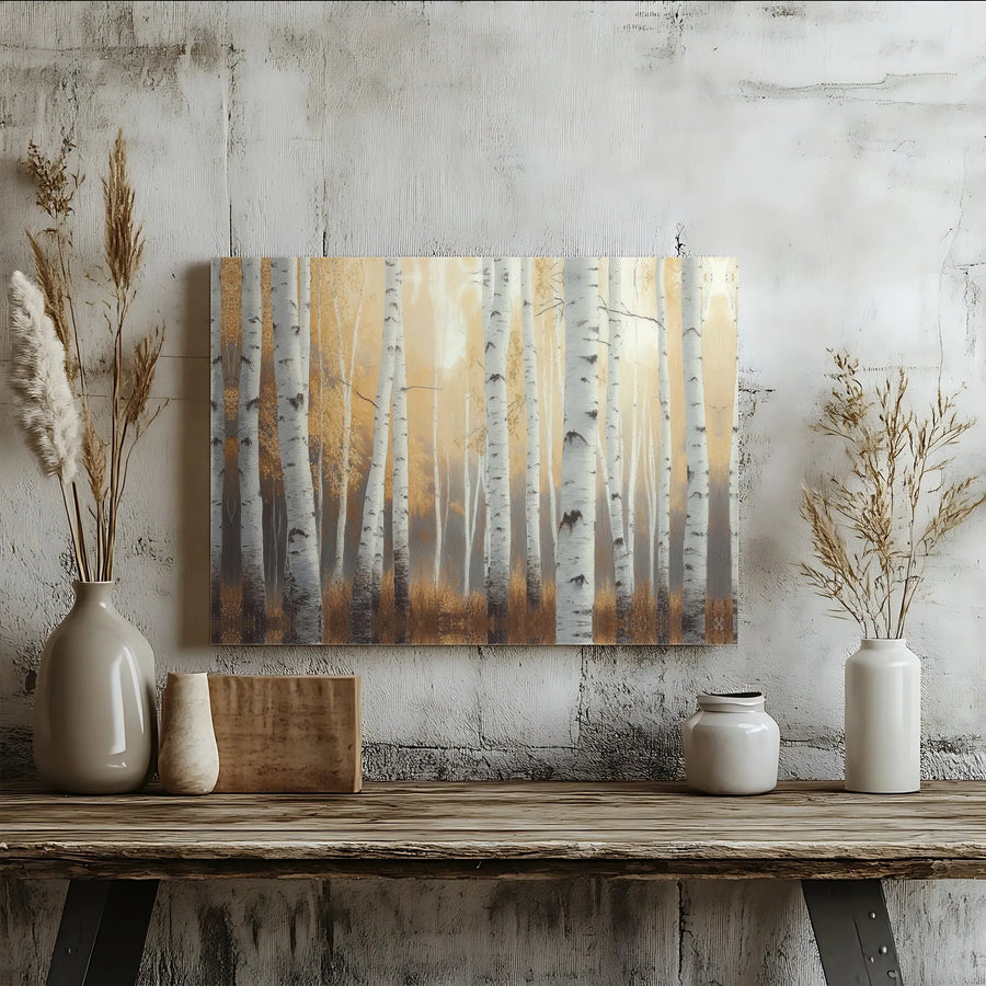 Golden Birch Tree Forest Canvas | Autumn Woodland Landscape Art | 1.25" Gallery Wrap Premium Print | Modern Nature Wall Decor for Living Room