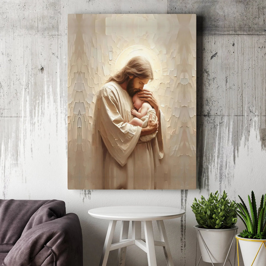 Jesus Holding Baby Canvas Art | Religious Wall Decor | Premium Gallery Wrap Print | Christian Nursery Gift For Parents