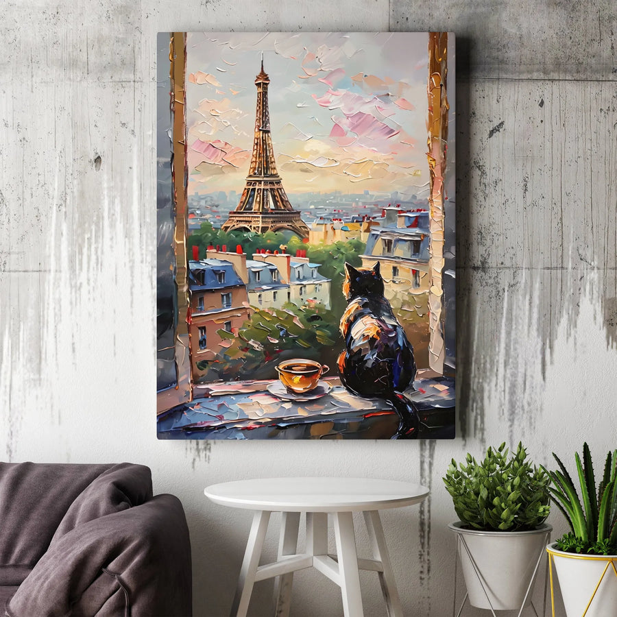 Paris Cat Canvas Wall Art | Impasto Style Painting of Eiffel Tower | Thick Gallery Wrap Print | Collector's Gift for France Lover & Parisian Decor